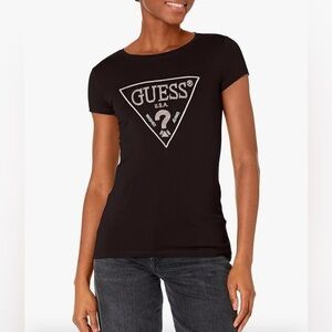 NEW Guess Rhinestone Embellished Short Sleeve Logo Tee in Black sze S